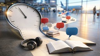 Uma representação visual do tempo se desdobrando, onde um calendário e um relógio se fundem em um caminho que é percorrido por ícones simbolizando o aprendizado da língua inglesa, como balões de diálogo e livros.