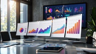 Páginas de um calendário de parede se sobrepondo, cada uma mostrando um gráfico de dados abstrato e colorido que evolui, simbolizando o progresso de um curso ao longo do tempo.