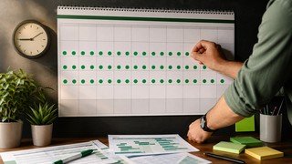 Um calendário de parede com vários dias marcados sequencialmente com adesivos verdes, simbolizando o progresso contínuo de um estudo de 60 horas de Excel.