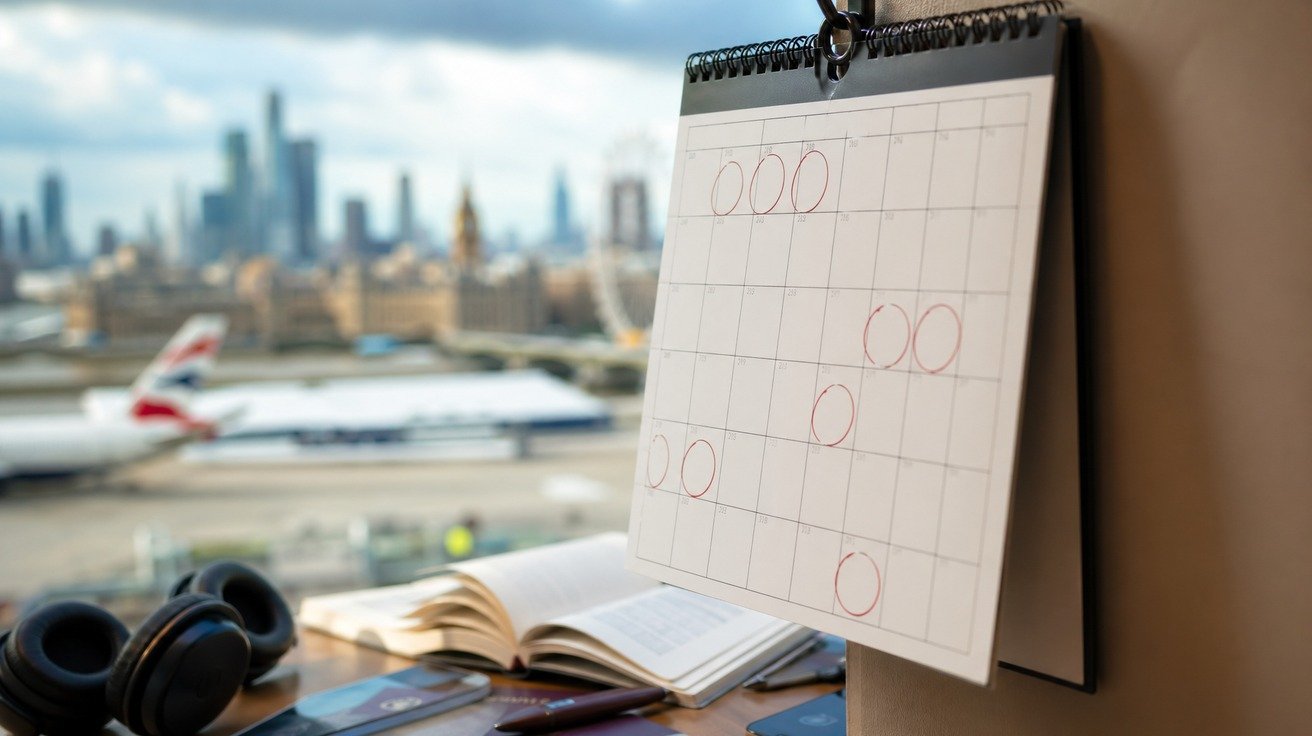 Um calendário de parede mostrando a passagem de várias semanas, com alguns dias circulados. Ao fundo, desfocado, um mapa de uma cidade de língua inglesa, simbolizando a jornada e o planejamento do aprendizado.