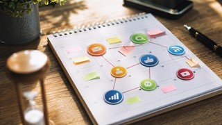 Uma representação visual do tempo se desdobrando em um calendário, com ícones de marketing digital como SEO, e-mail e mídias sociais marcando os dias, simbolizando o planejamento de um curso.