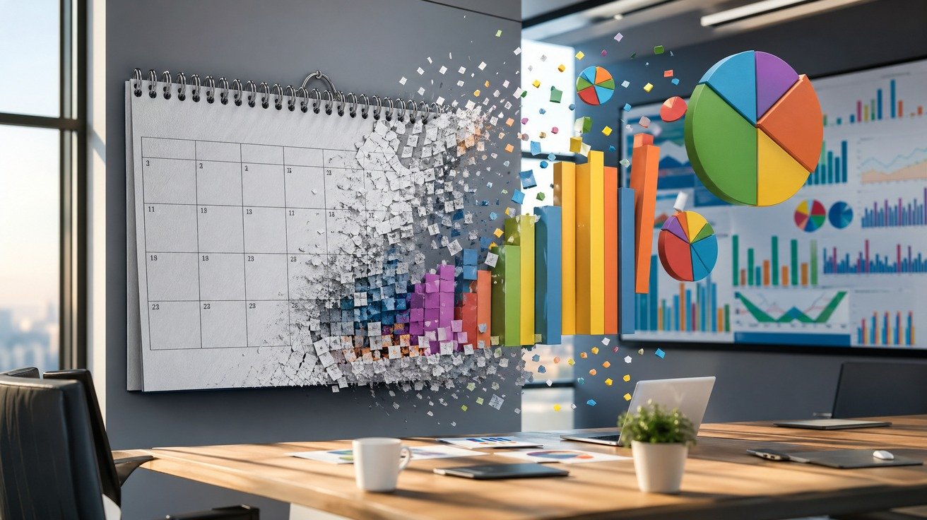 Um calendário de parede se desfazendo em gráficos de barras e pizza coloridos, simbolizando a conversão de dias em análise de dados com Power BI.