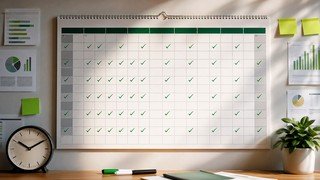 Uma visão de cima de um calendário de parede, onde doze semanas estão claramente visíveis e cada dia útil possui uma pequena marca de verificação, ilustrando o progresso constante e a disciplina ao longo do tempo.