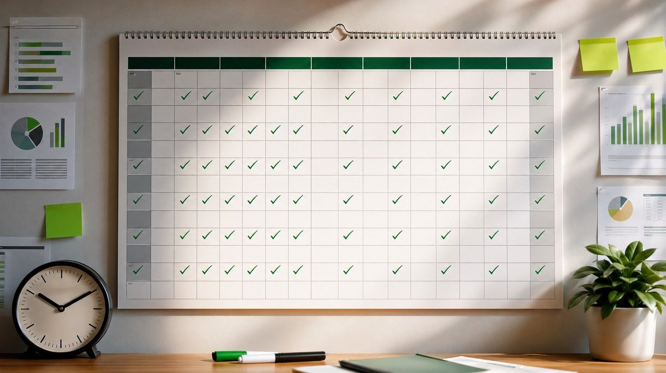 Uma visão de cima de um calendário de parede, onde doze semanas estão claramente visíveis e cada dia útil possui uma pequena marca de verificação, ilustrando o progresso constante e a disciplina ao longo do tempo.