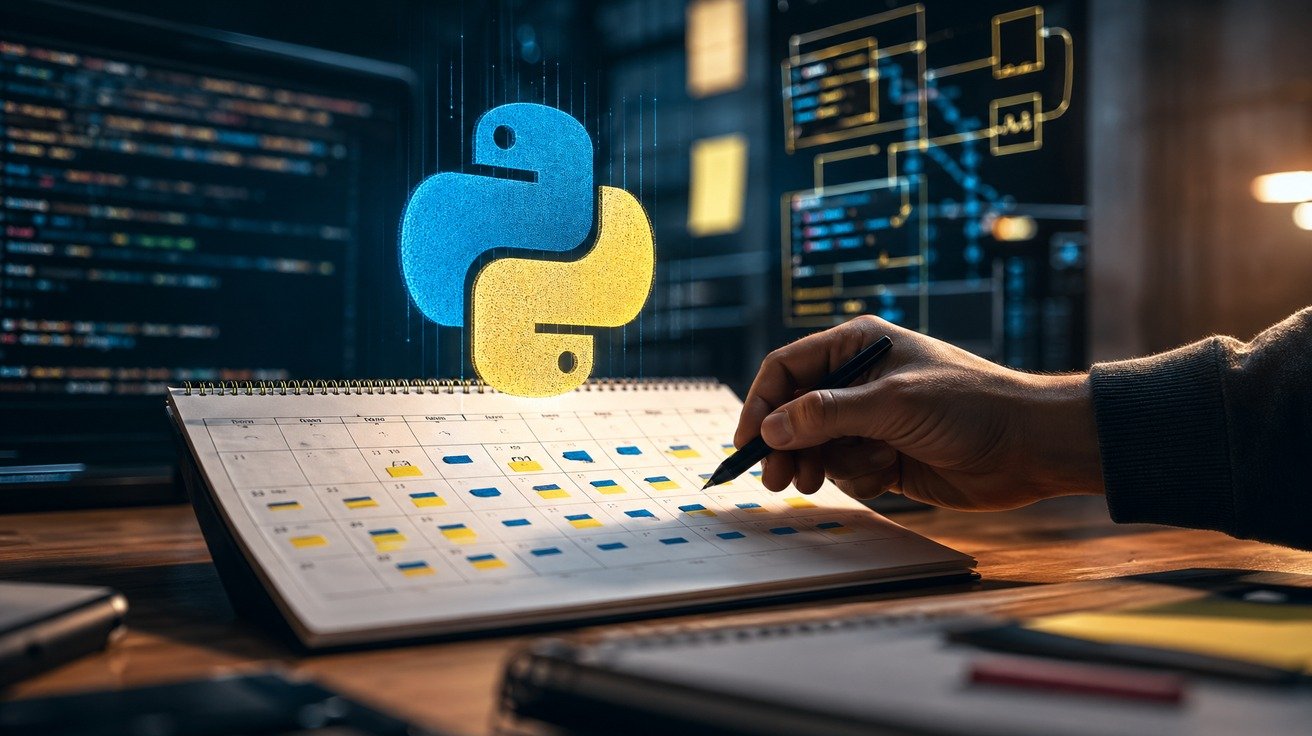 Representação gráfica de um calendário de 60 dias com símbolos de código Python sobrepostos, ilustrando o planejamento e o tempo necessário para completar um curso.