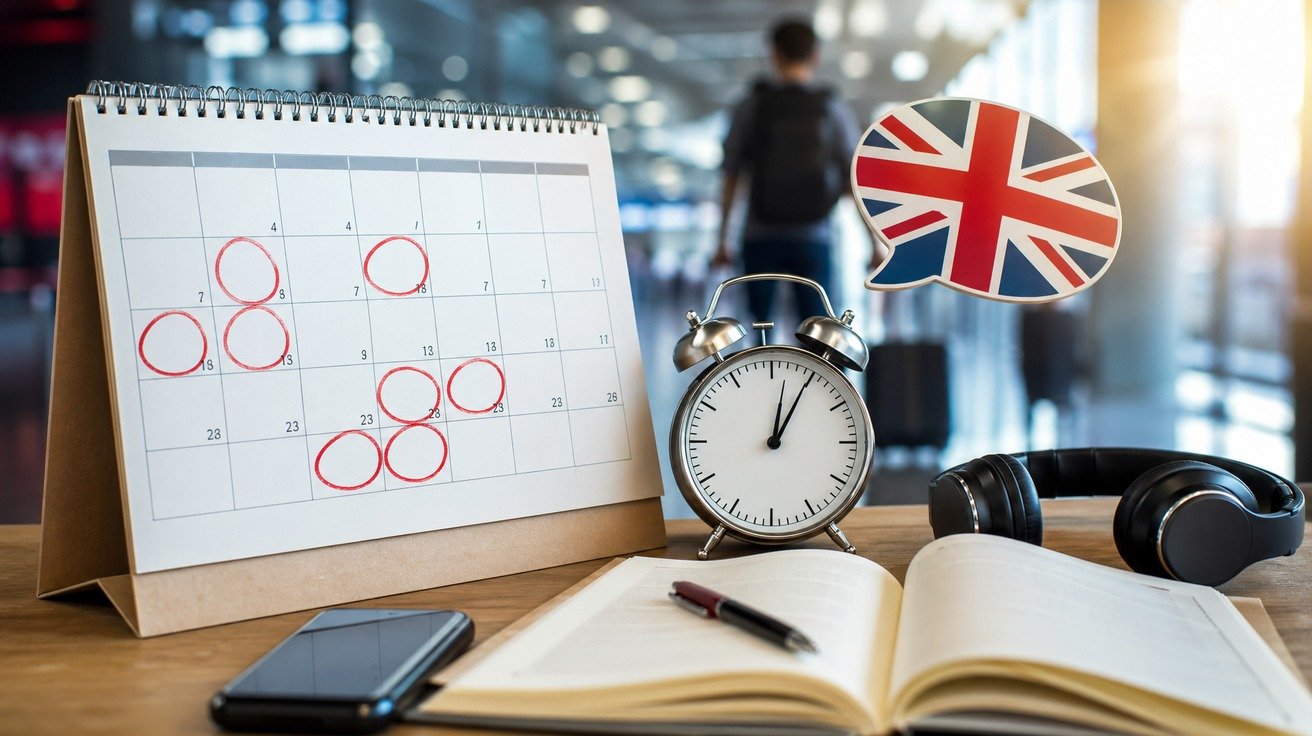 Uma composição visual que mostra um calendário de parede com vários dias circulados, simbolizando planejamento, e ao lado ícones de um relógio e de um balão de diálogo em inglês.