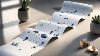 Um calendário de papel se desdobrando e se estendendo sobre uma superfície limpa, com setas e gráficos minimalistas de marketing digital projetados sobre ele, ilustrando a expansão do tempo necessário para um estudo aprofundado.