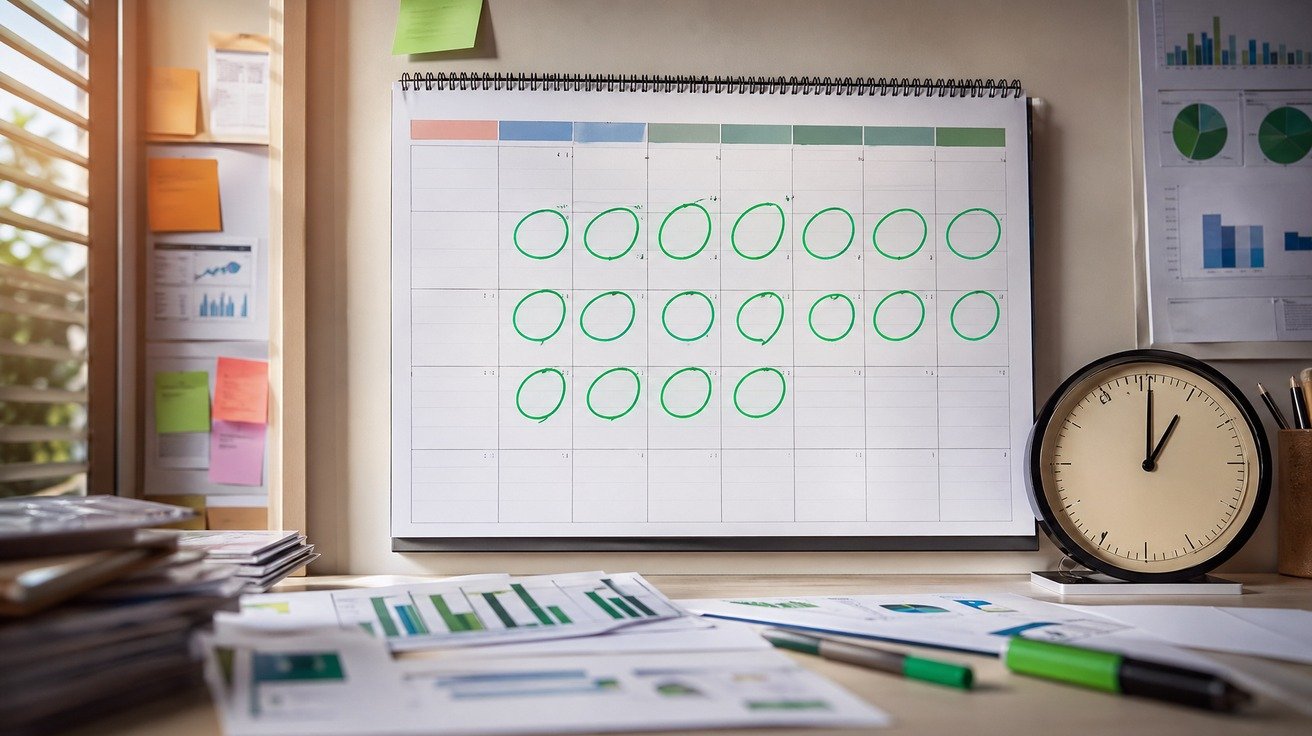 Um calendário de parede moderno com vários dias circulados, simbolizando o progresso planejado ao longo de um mês para um curso de Excel, com gráficos e planilhas desfocados ao fundo.