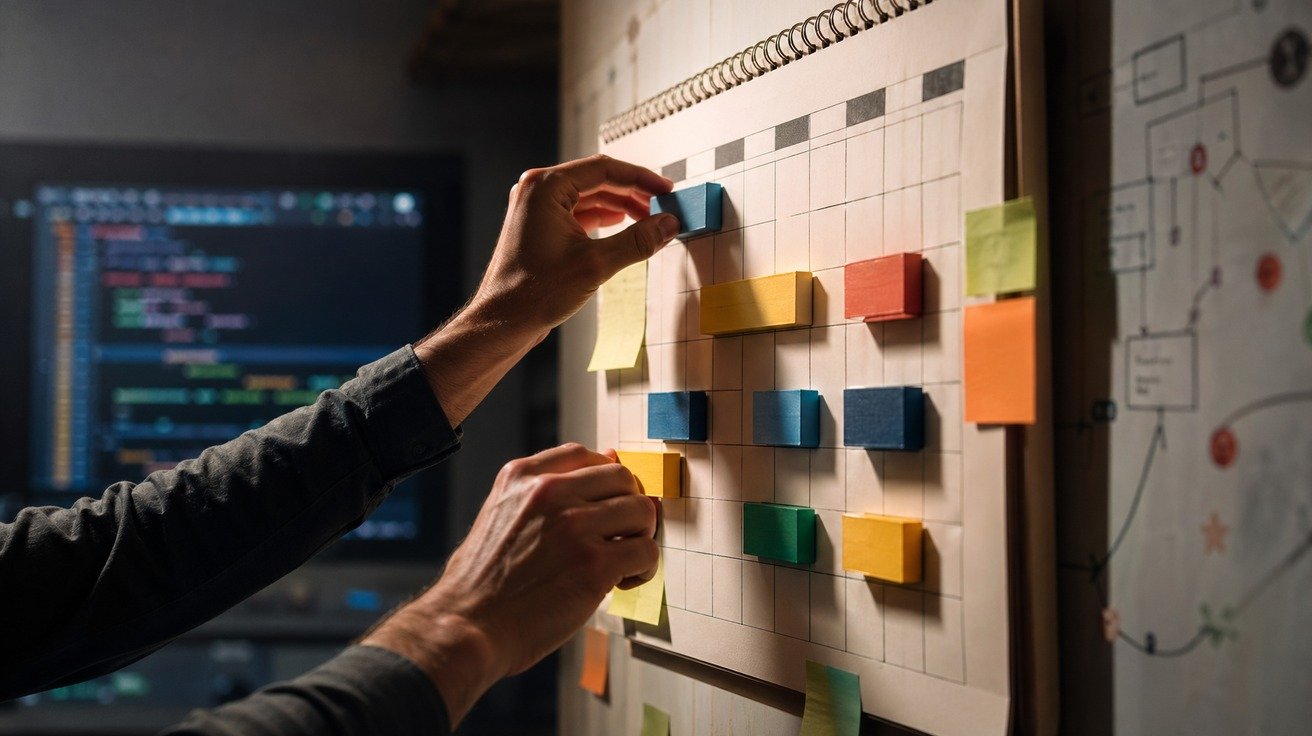 Uma representação visual de um calendário de parede sendo desconstruído em blocos de tempo que se rearranjam, simbolizando a reorganização de um cronograma de estudos de Python.