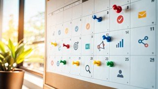 Calendário de um mês com alguns dias marcados por ícones de marketing digital, simbolizando o planejamento de estudo para um curso de 40 horas.