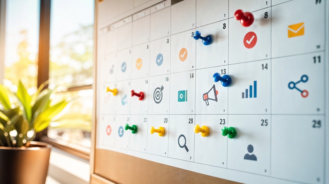 Calendário de um mês com alguns dias marcados por ícones de marketing digital, simbolizando o planejamento de estudo para um curso de 40 horas.