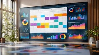 Visualização de um calendário com blocos de tempo coloridos e gráficos de dados sobrepostos, simbolizando o planejamento de um curso de Power BI ao longo das semanas.