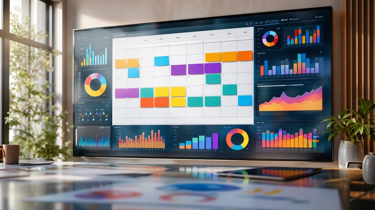 Visualização de um calendário com blocos de tempo coloridos e gráficos de dados sobrepostos, simbolizando o planejamento de um curso de Power BI ao longo das semanas.
