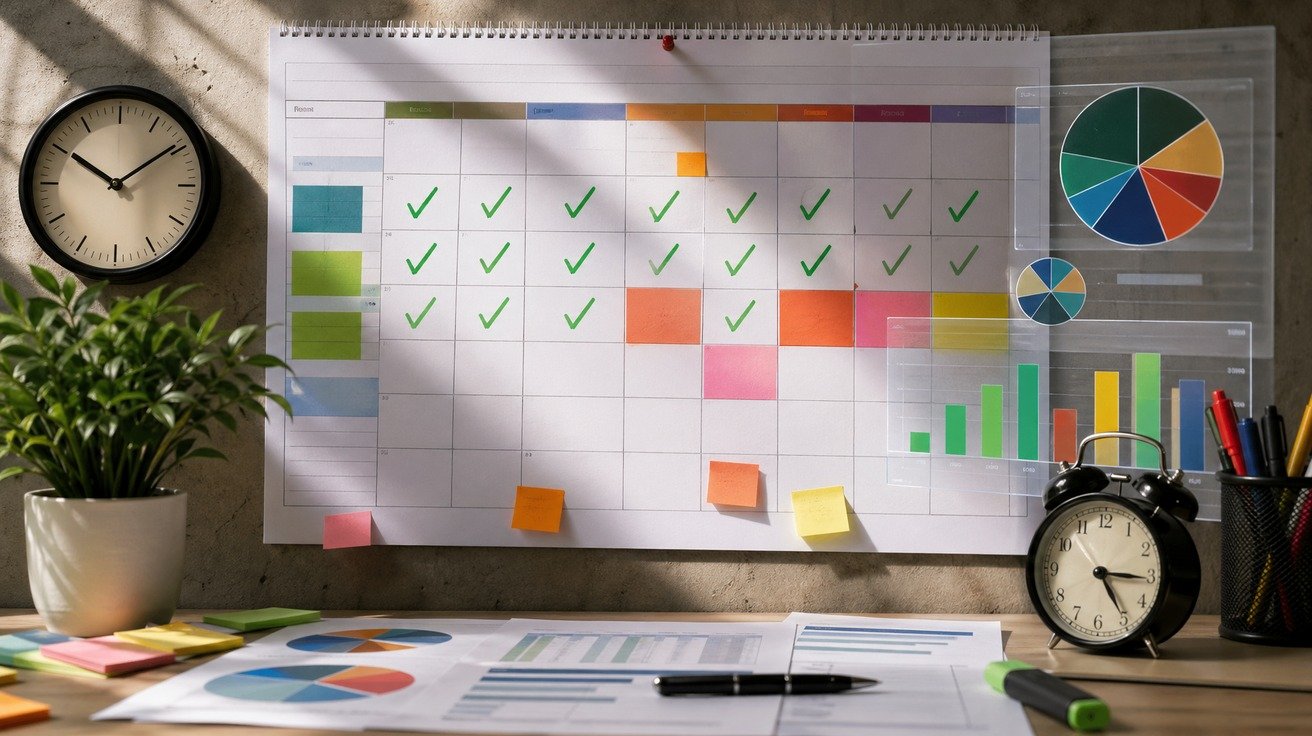 Um calendário de parede com vários dias marcados em sequência, simbolizando o progresso ao longo de semanas, com gráficos de pizza e barras sobrepostos digitalmente para representar dados do Excel.