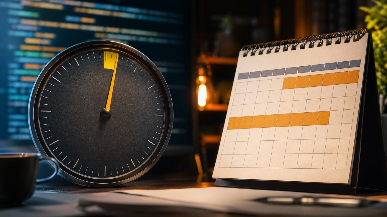 Uma composição visual que divide a imagem em duas: à esquerda, um relógio estilizado com um ponteiro marcando 60 horas; à direita, uma página de calendário com aproximadamente dois meses marcados, simbolizando a conversão de horas de curso em tempo real.