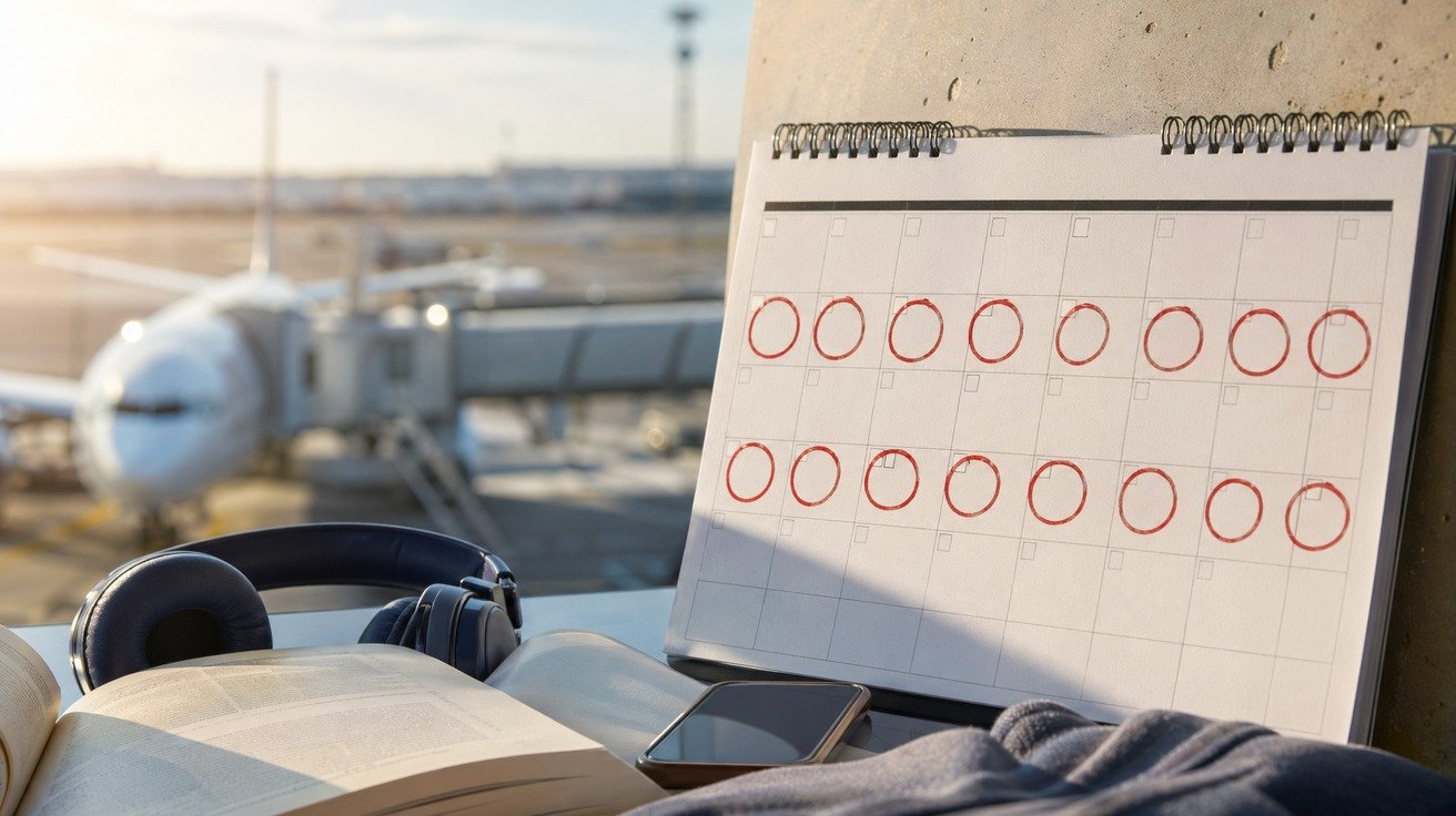 Um calendário de parede com vários dias consecutivos marcados com um círculo vermelho, simbolizando o planejamento e a passagem do tempo no estudo de inglês.