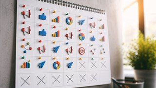 Uma representação visual de um calendário de parede onde os dias são preenchidos com ícones de marketing digital, como gráficos, megafones e curtidas, mostrando a progressão do tempo de forma criativa.