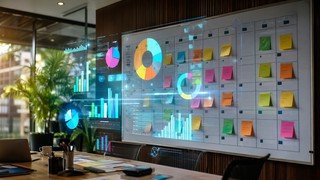 Um calendário de parede com vários dias marcados com adesivos coloridos, e sobre ele, projeções holográficas de gráficos de pizza e barras, simbolizando o planejamento e o progresso em um curso de análise de dados.