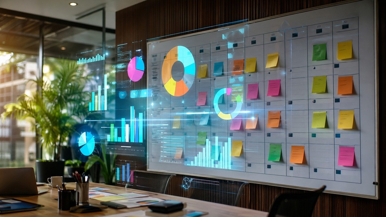 Um calendário de parede com vários dias marcados com adesivos coloridos, e sobre ele, projeções holográficas de gráficos de pizza e barras, simbolizando o planejamento e o progresso em um curso de análise de dados.