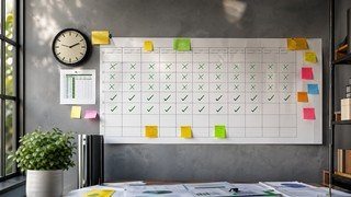 Um calendário de parede mostrando o progresso ao longo de seis semanas, com os dias de estudo marcados sequencialmente, ilustrando a conversão de horas de um curso em um cronograma real.