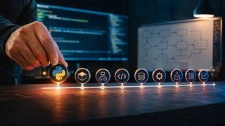 Uma linha do tempo horizontal se desdobrando da esquerda para a direita, com marcadores de semana e pequenos ícones simbolizando conceitos de Python, ilustrando a jornada de aprendizado ao longo do tempo.