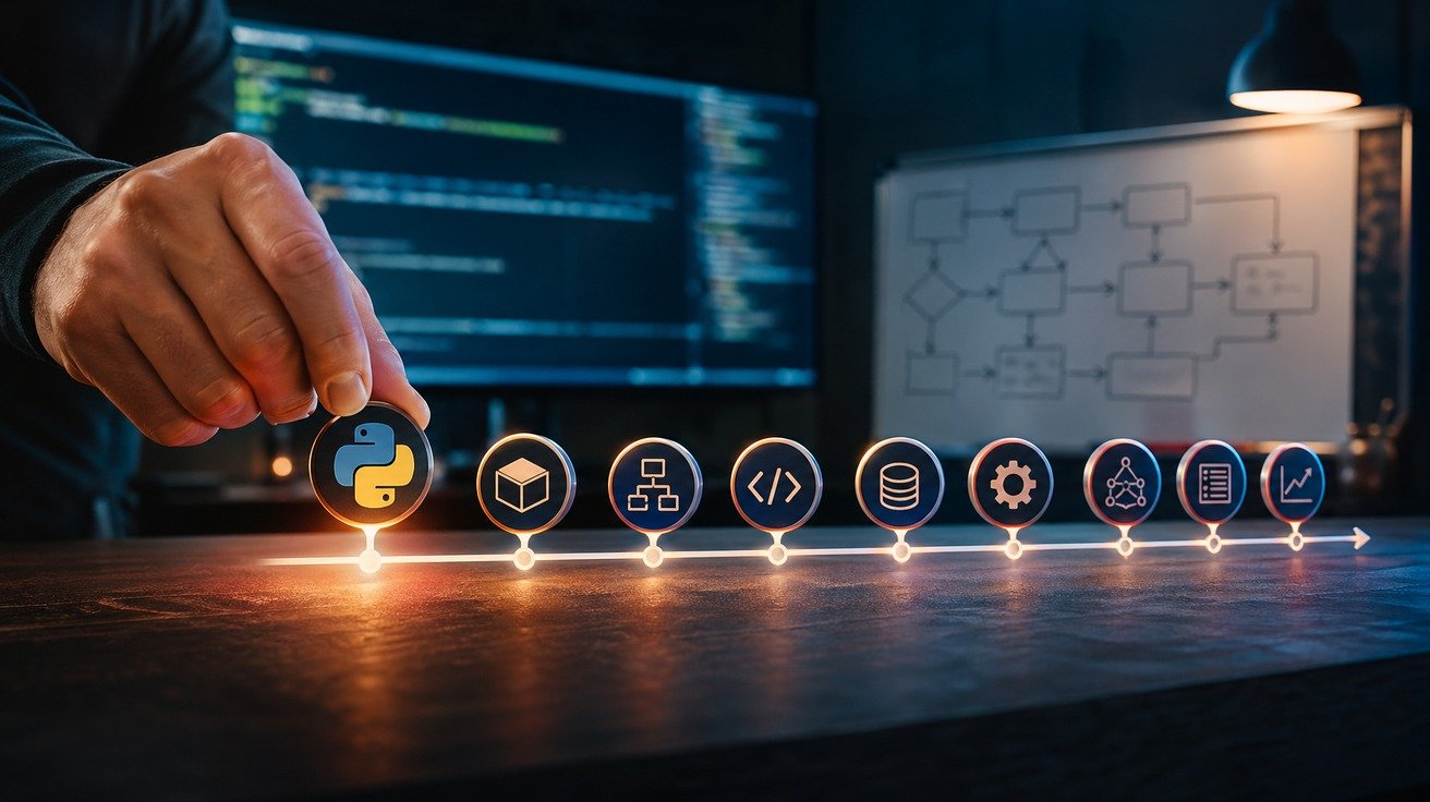 Uma linha do tempo horizontal se desdobrando da esquerda para a direita, com marcadores de semana e pequenos ícones simbolizando conceitos de Python, ilustrando a jornada de aprendizado ao longo do tempo.