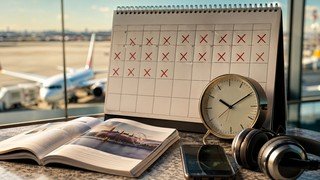 Um calendário de parede com vários dias marcados, sobreposto por um relógio analógico, simbolizando a passagem do tempo e o planejamento de um curso de inglês.