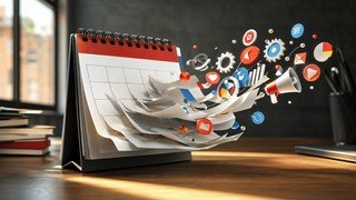 Uma representação visual do tempo se desdobrando, com um calendário cujas páginas se transformam em ícones de marketing digital como engrenagens, gráficos e megafones, simbolizando a passagem dos dias no estudo.