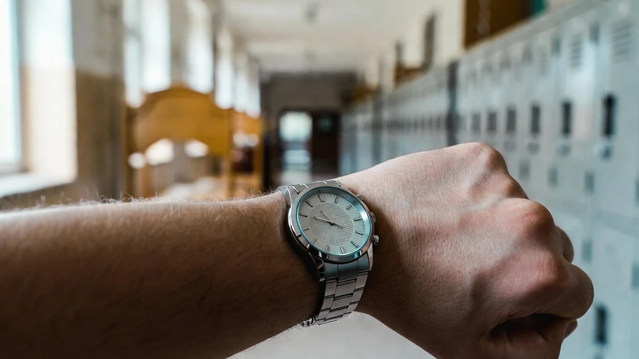 Pai olhando para o relógio em um banco de escola vazio