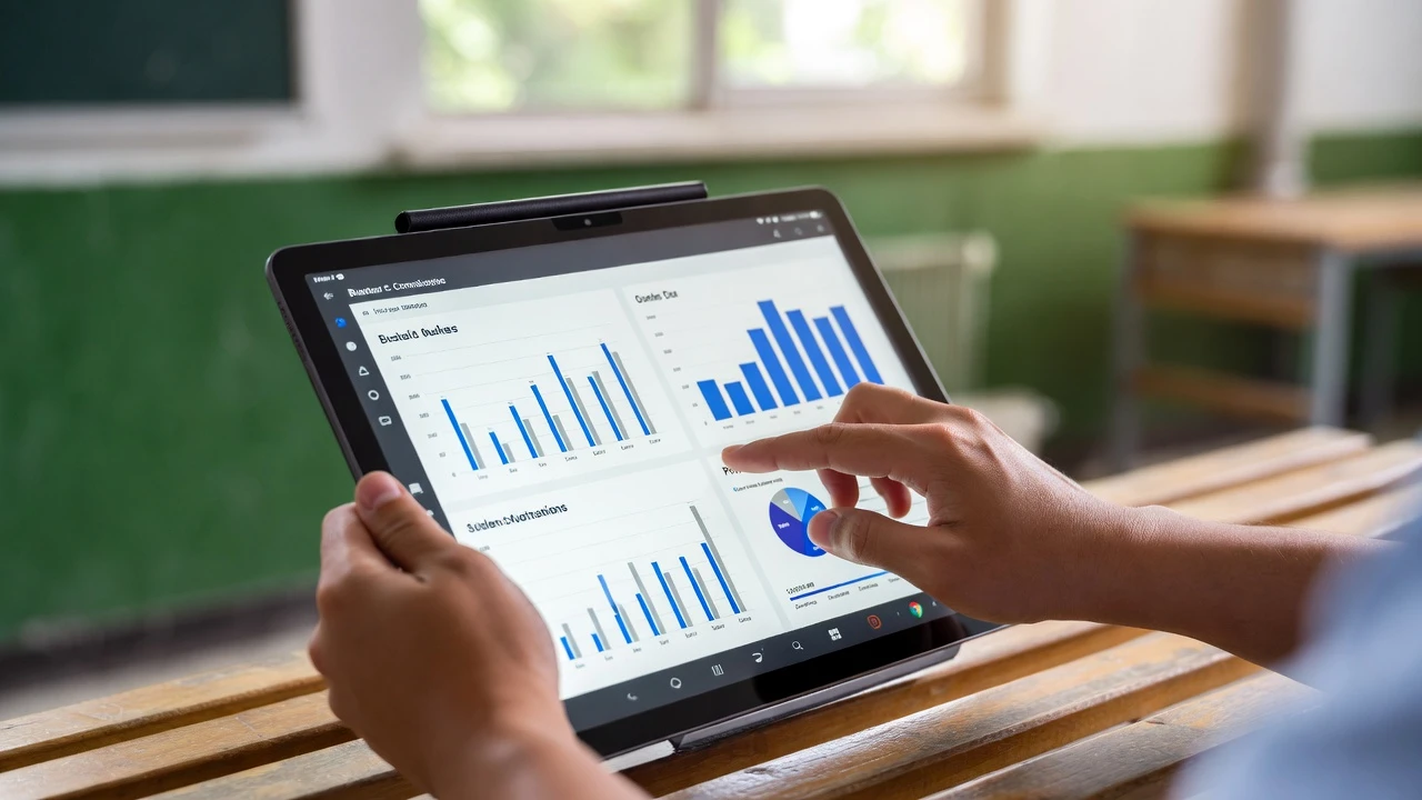 Mãos segurando um tablet com gráficos e textos profissionais em um banco de madeira