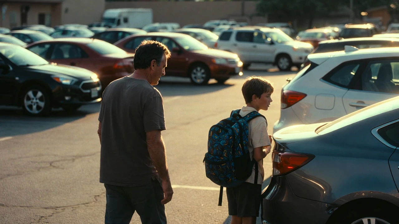 Pai e filho caminhando felizes para o carro em um estacionamento organizado
