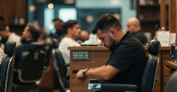 Capa sobre tempo gasto por homens ao cortar cabelo, incluindo fila, deslocamento e tempo total perdido ao longo do ano.