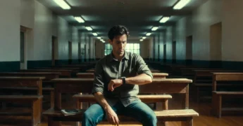 Pai sentado em banco de escola solitário esperando o filho