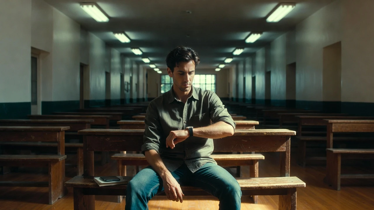 Pai sentado em banco de escola solitário esperando o filho